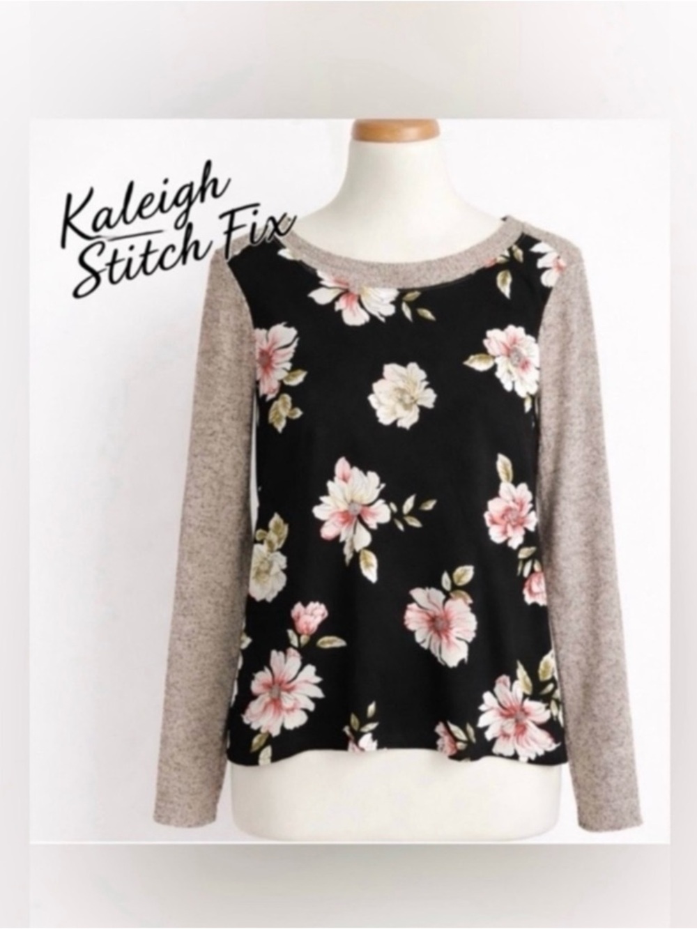 Kaileigh Stitch Fix. Floral Raglan Long Sleeve Top. Black Heathered Beige.Sz XL. - Picture 2 of 4